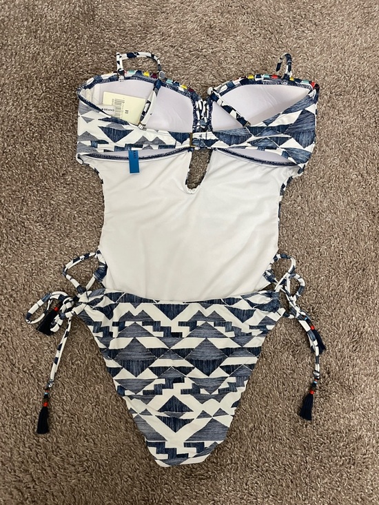 NWT - Lucky Brand White Swimsuit with Navy Trim and Multicolor Accents - Picture 3 of 3